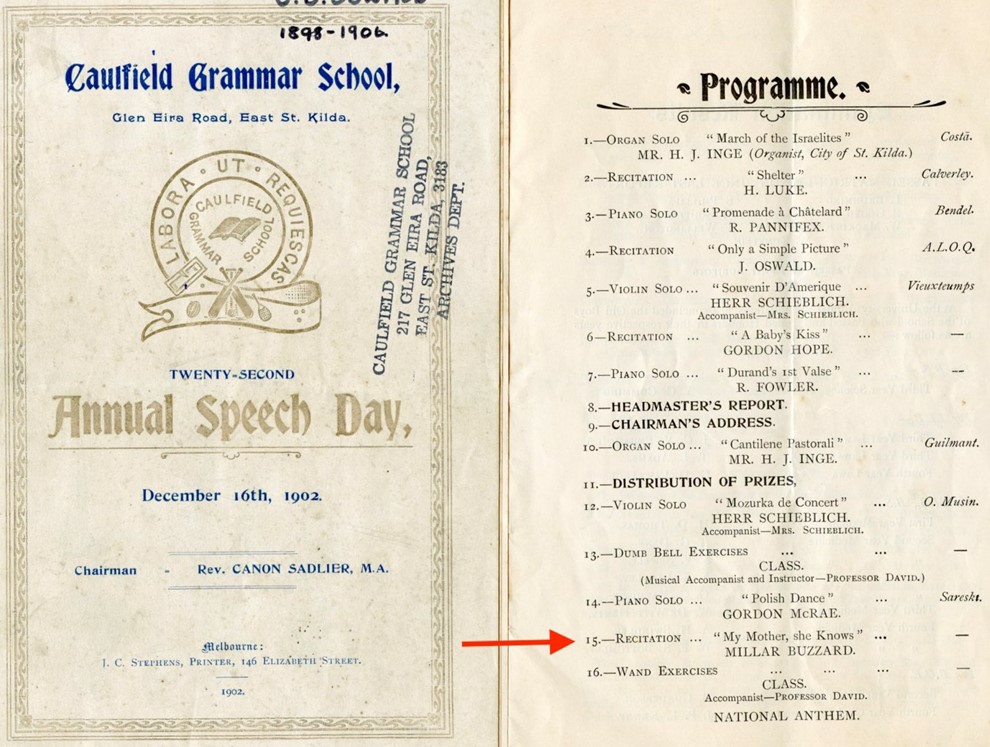 1902 Speech Day Programme Recitation